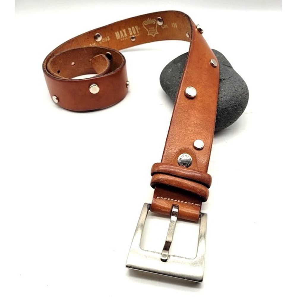 MAX BOY Italy Vero Cuoio Brown Leather Silver Stud Belt 120cm 47in XL Art 2093